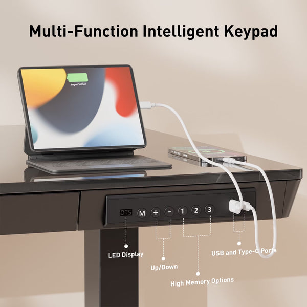 48" × 24" Glass-Top Electric Standing Desk with Drawer & USB Charging Ports