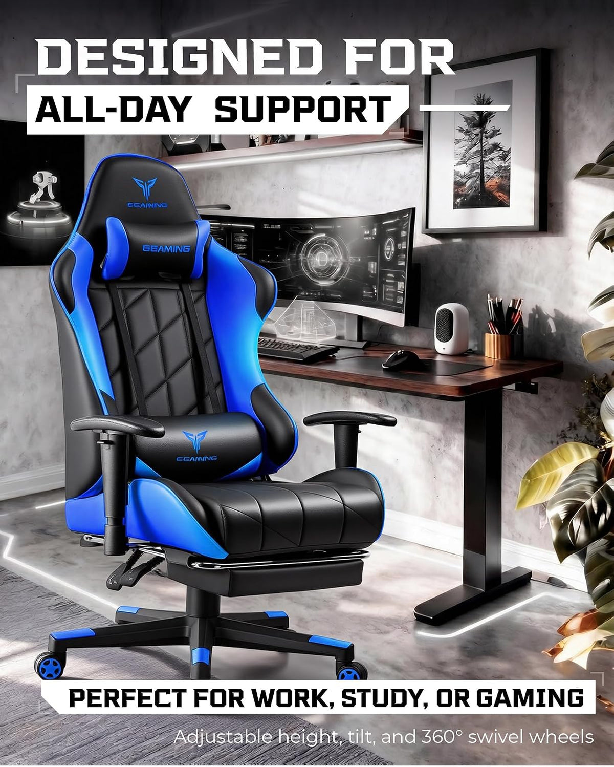 Gaming Chair, Big and Tall Video Game Chair with High Back PU Leather, Home Office Ergonomic Computer Chair with Footrest, Adjustable Height, 360° Swivel Wheels for Adults and Teens