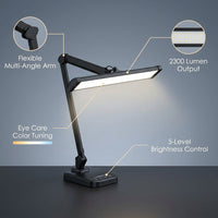 2300 Lumens Ultra Bright LED Desk Lamp – Professional Eye Care Task Light 5 Level Adjustable Brightness & Color Temperature, for Home Office, Architecture, Beauty (CCT, Dimming, Black) — infographic