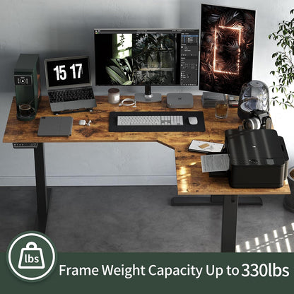 Triple Motor 63" L Shaped Standing Desk, Electric Standing Gaming Desk Adjustable Height, Corner Stand up Desk with Splice Board, Black Frame/Rustic Brown Top