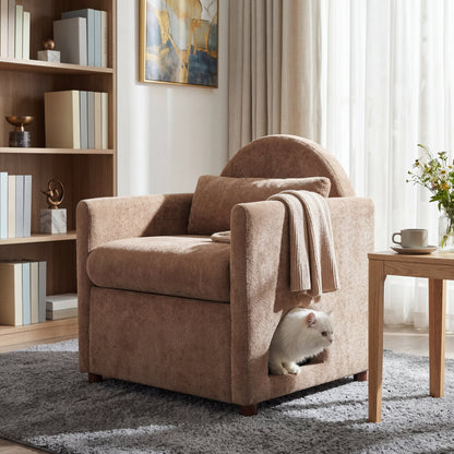 Coffee Pet Friendly Accent Chair with Hidden Pet Nook - Acacia Wood