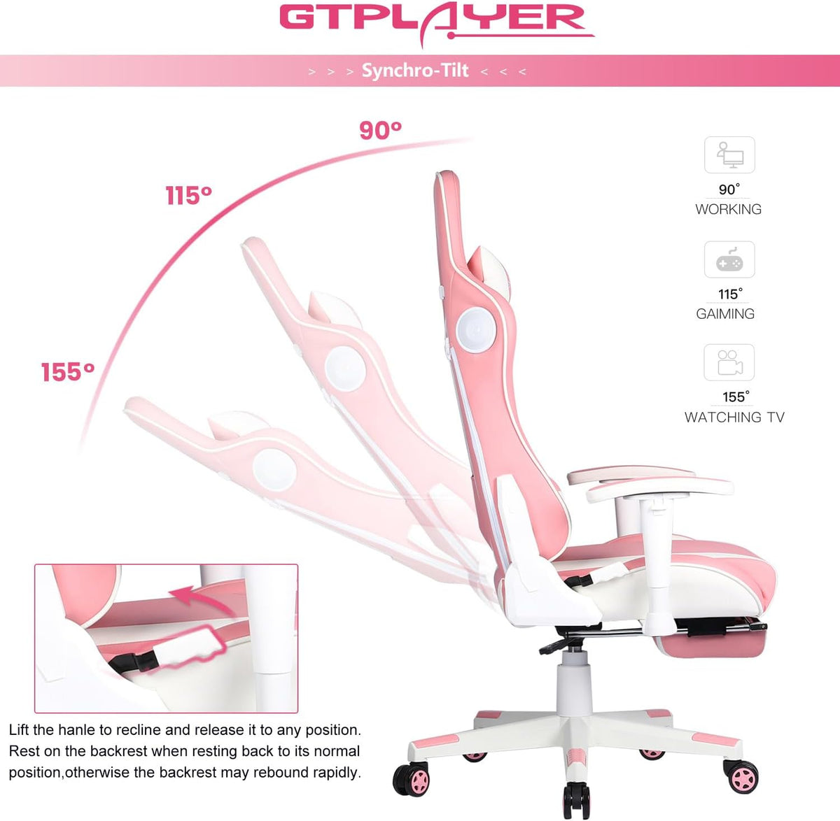Gaming Chair with Footrest, Ergonomic Computer Game Desk Chair, Reclining Gamer Chair Seat Height Adjustment, Swivel Rocker with Headrest and Lumbar (Pink)