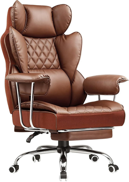 Big and Tall Office Chair, High Back Leather Gaming Chair with Footrest, Executive Ergonomic Office Chairs with Pocket Spring Lumbar Support and with Outward Fixed Soft Armrests