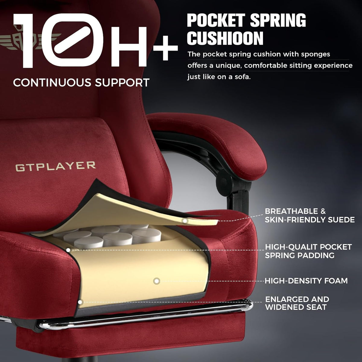 Big and Tall Gaming Chair 400Lbs Heavy Duty Office Chair with Foot Rest, High Back Pocket Spring Ergonomic Computer Chair for Adults, Wide Comfy Seated Cushion with Linkage Armrests, Red