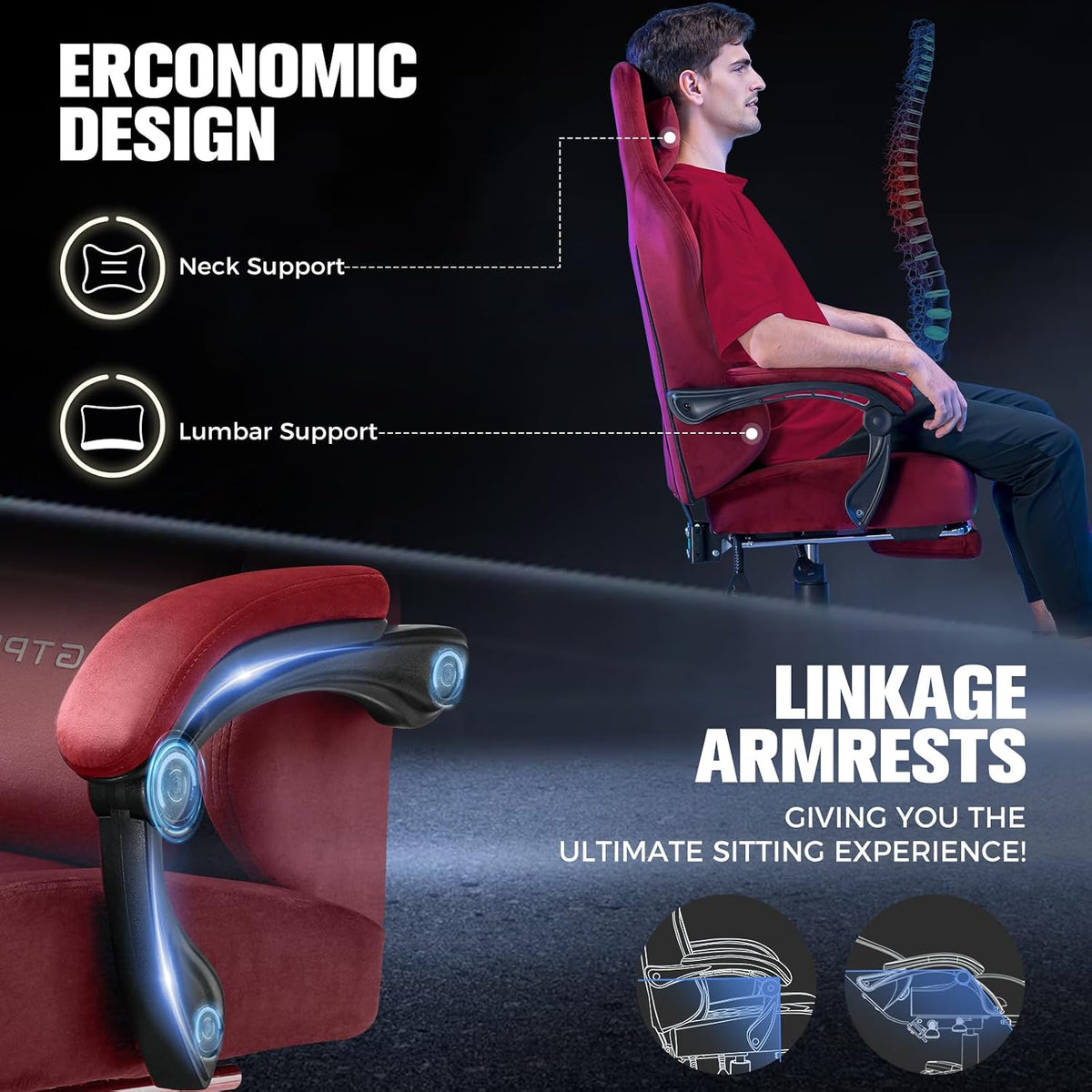 Big and Tall Gaming Chair 400Lbs Heavy Duty Office Chair with Foot Rest, High Back Pocket Spring Ergonomic Computer Chair for Adults, Wide Comfy Seated Cushion with Linkage Armrests, Red