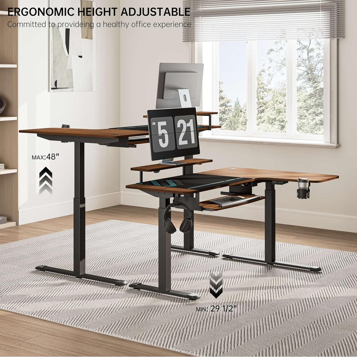 Standing Desk Electric Adjustable Height (61"X43") Computer Desk with Keyboard Tray Sit Stand Desk L Shaped Desk for Work/Home Office,Dual Motor,Memory Presets,2 Usb/Rgb,Walnut/Right