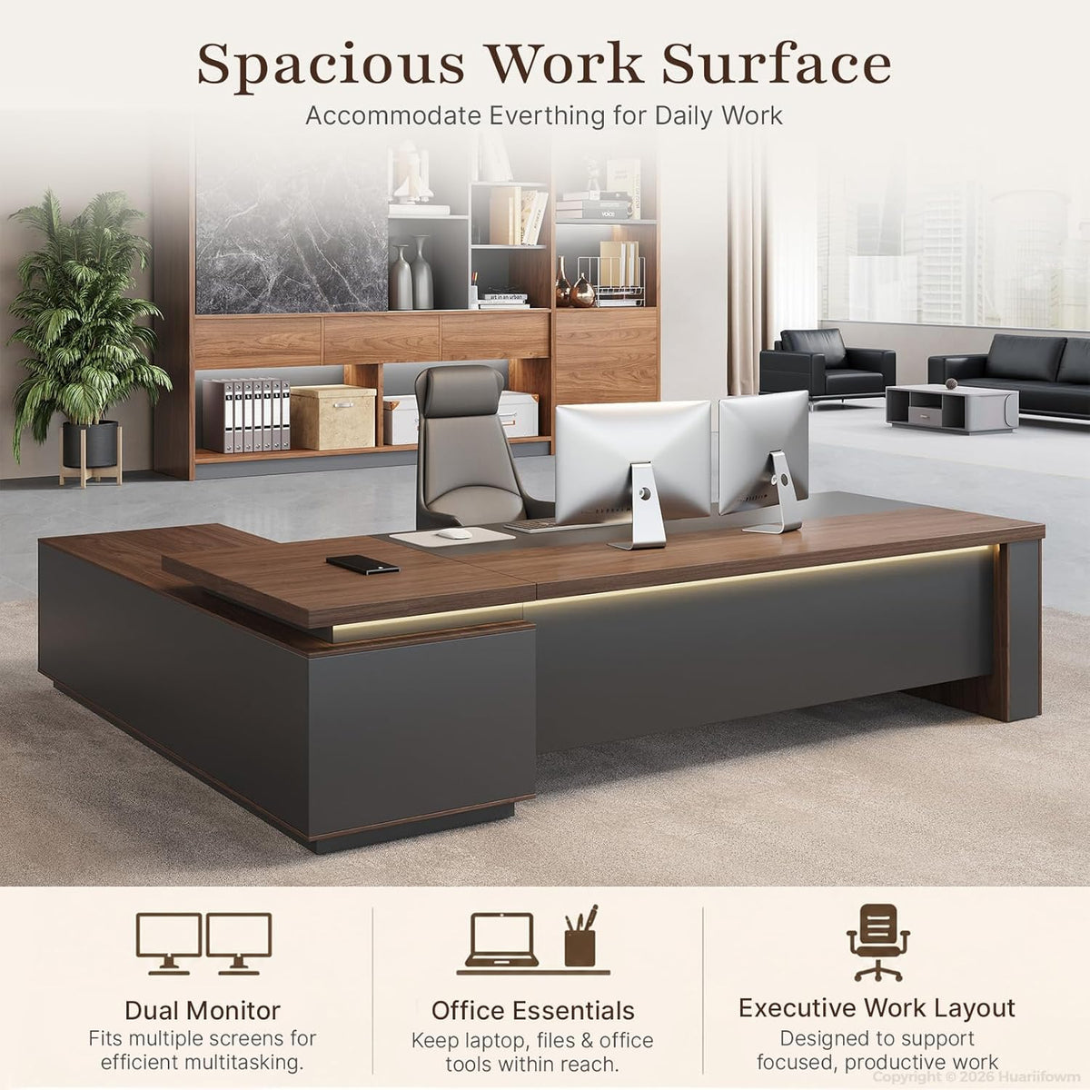 63" Reversible L-Shaped Executive Desk with Power Outlets and Drawers