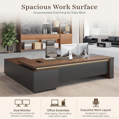 63" Reversible L-Shaped Executive Desk with Power Outlets and Drawers