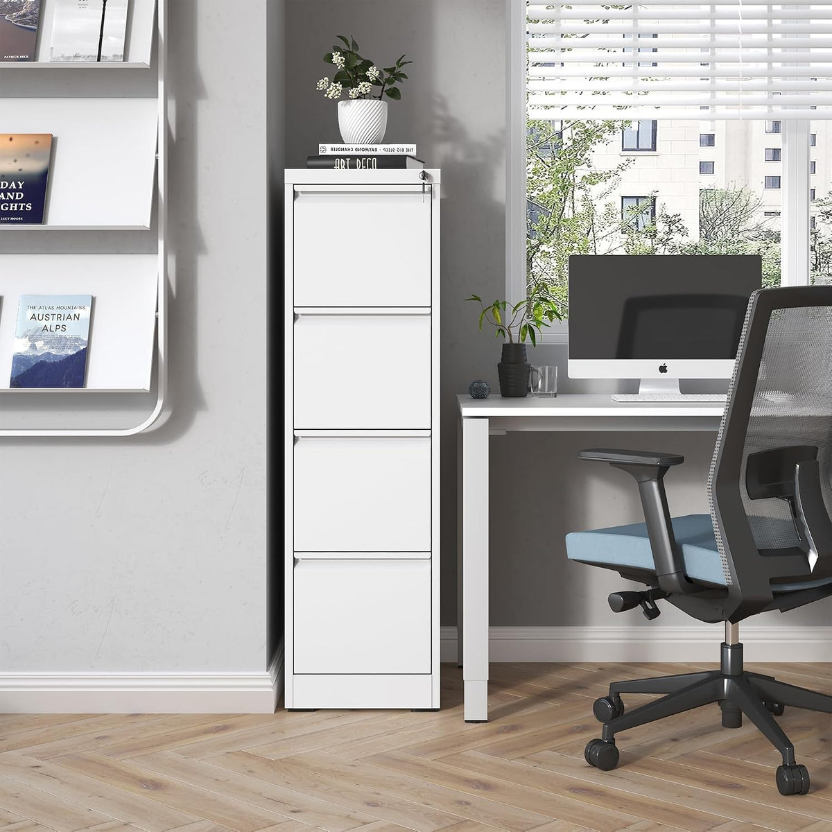 4 Drawer File Cabinet with Lock, Metal Vertical Filing Cabinets for Home Office, Heavy Duty File Storage Cabinet for Letter/Legal/A4/F4 Size File, Assembly Required, White