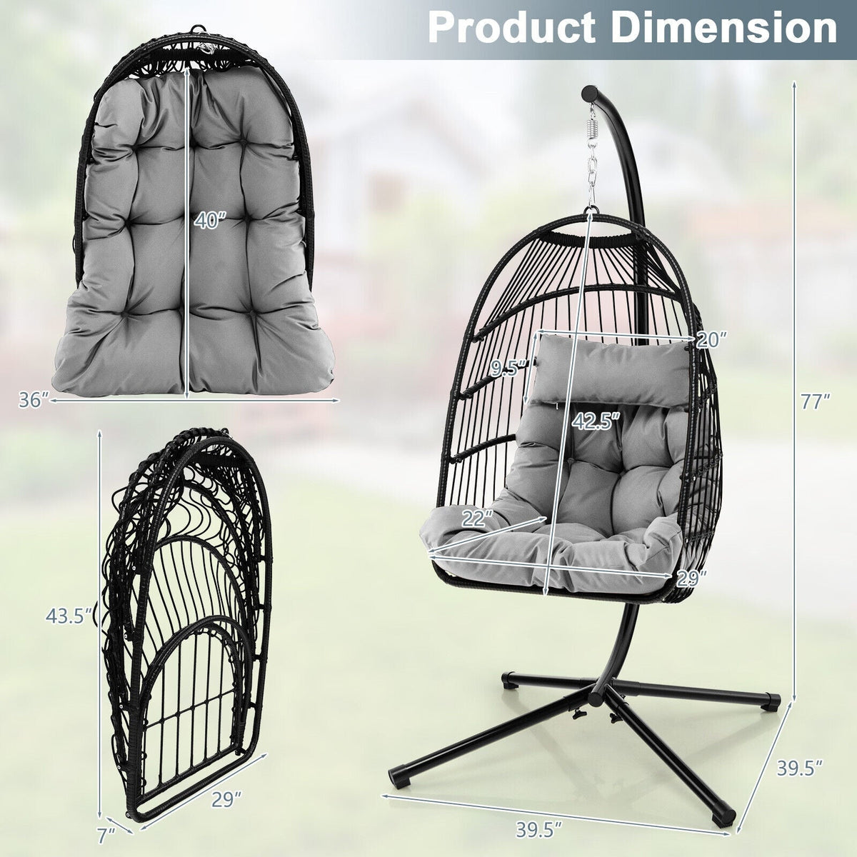 Hanging Egg Chair with Stand, Folding Basket & Waterproof Cover – Gray