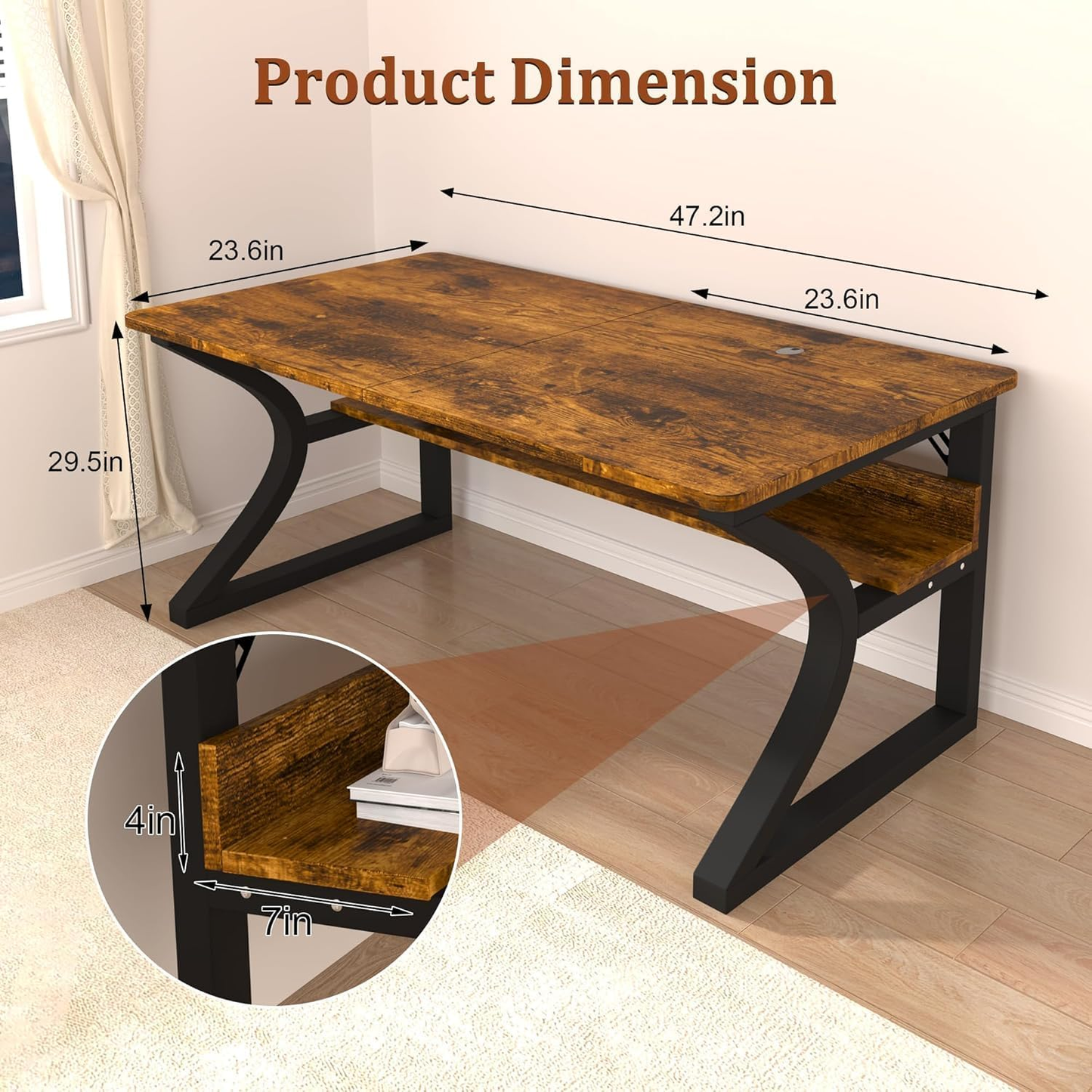 47 Inch Computer Desk, Home Office Desk with Storage Shelf, Sturdy U-Shaped Metal Frame Study Table with Cable Management, Gaming Desk for Office & Bedroom, Rustic Brown