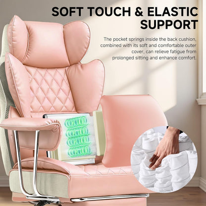 Big and Tall Office Chair, High Back Leather Gaming Chair with Footrest, Executive Ergonomic Office Chairs with Pocket Spring Lumbar Support and with Outward Fixed Soft Armrests