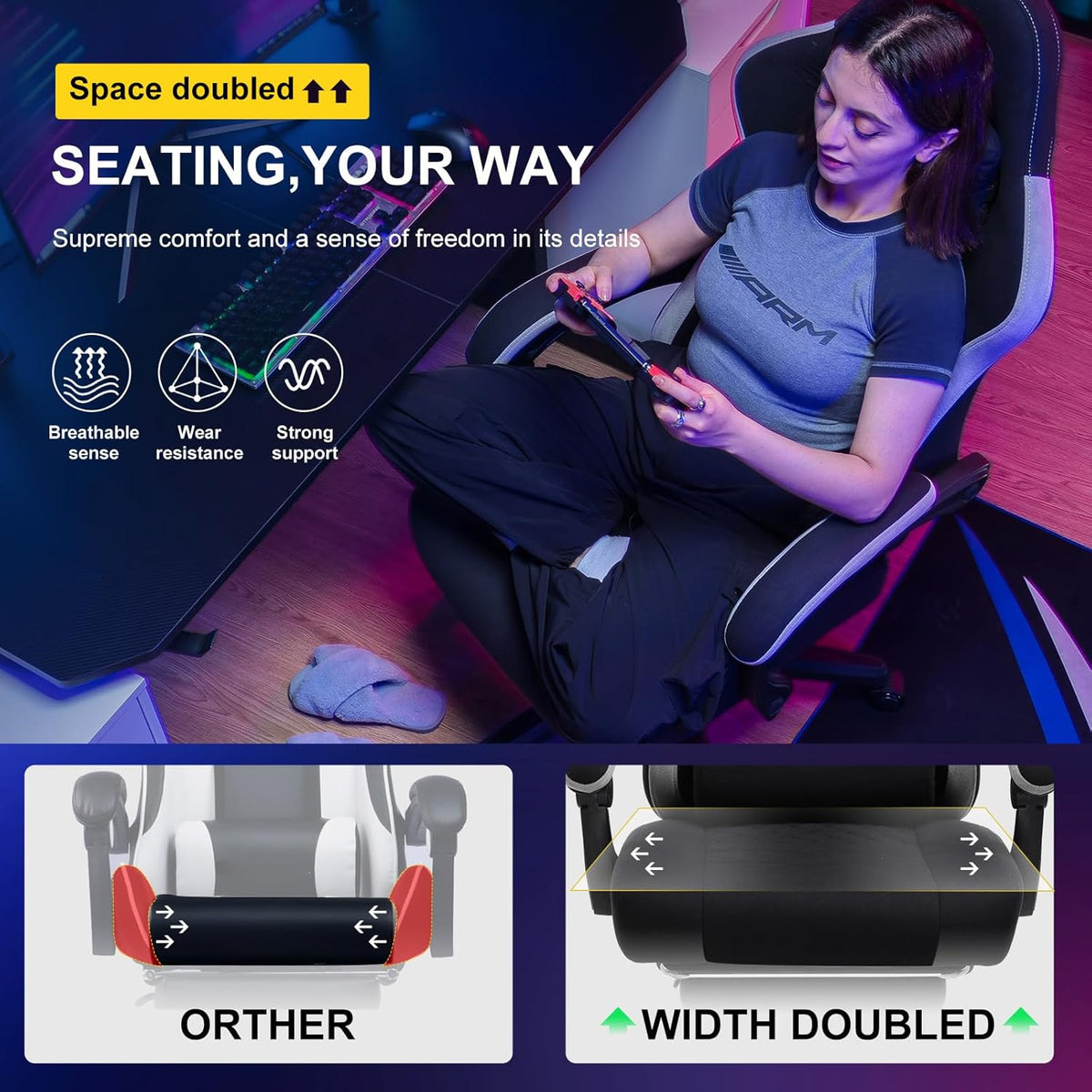 Gaming Chair, Computer Office Chair with Pocket Spring Cushion, Linkage Armrests and Footrest, High Back Ergonomic Computer Chair with Lumbar Support Task Chair with Footrest(Black)