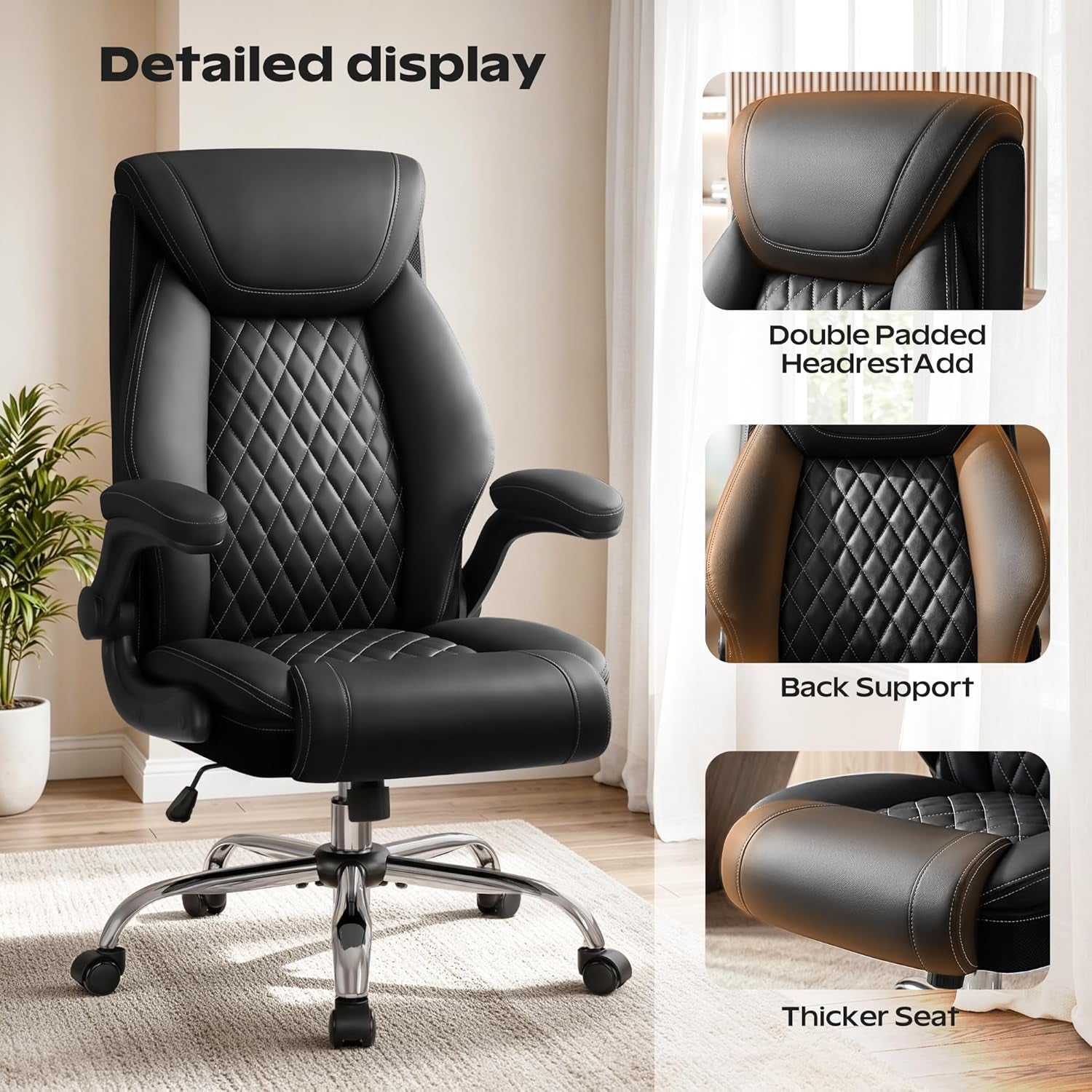 Office Chair, Ergonomic High Back Home Office Desk Chair, Big and Tall Breathable Leather Office Chair with Lumbar Support Flip-Up Armrests, Computer Gaming Chair with Rocking Function