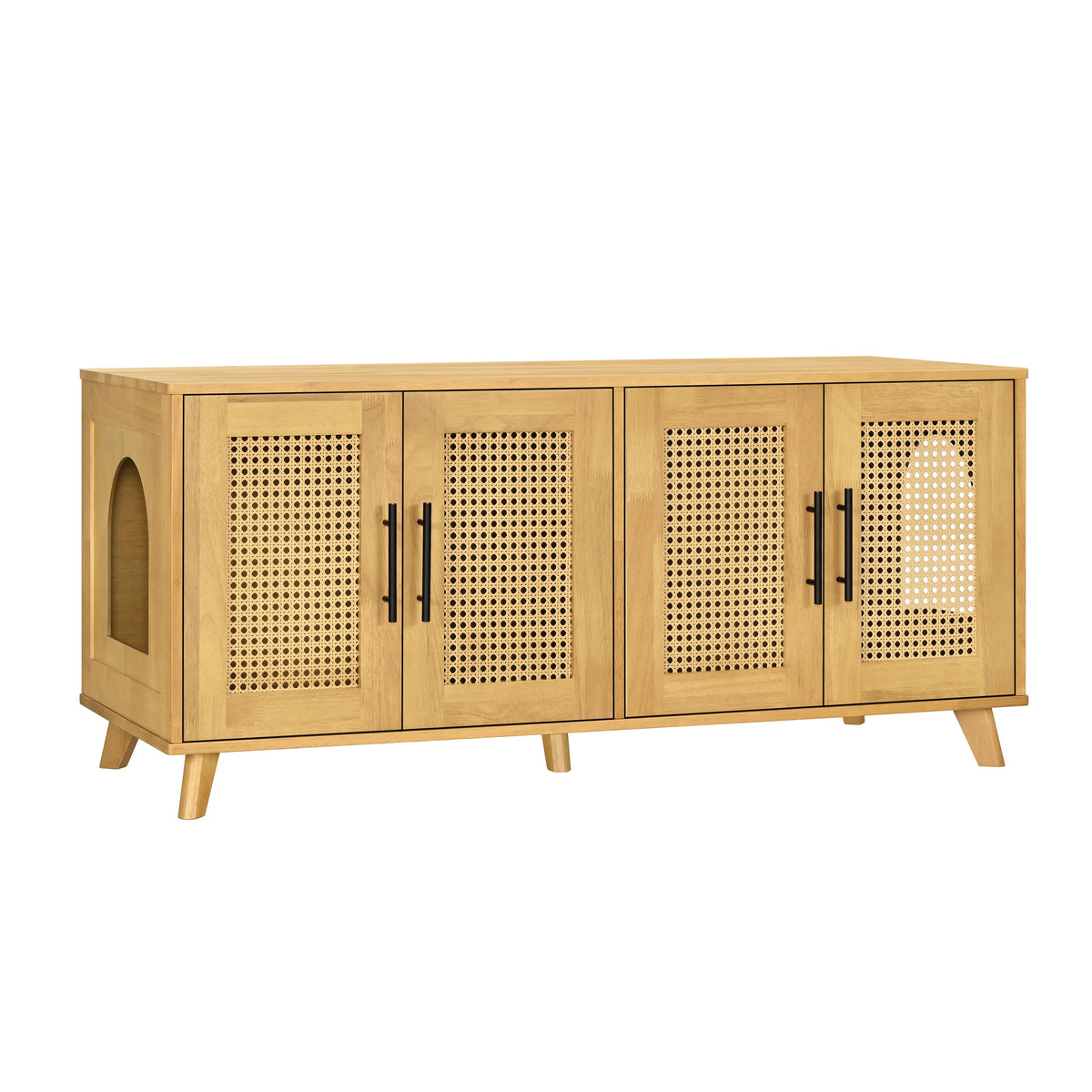 Rubberwood Cat Cabinet with Plush Cushion & Rattan Doors – Natural