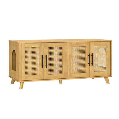 Rubberwood Cat Cabinet with Plush Cushion & Rattan Doors – Natural