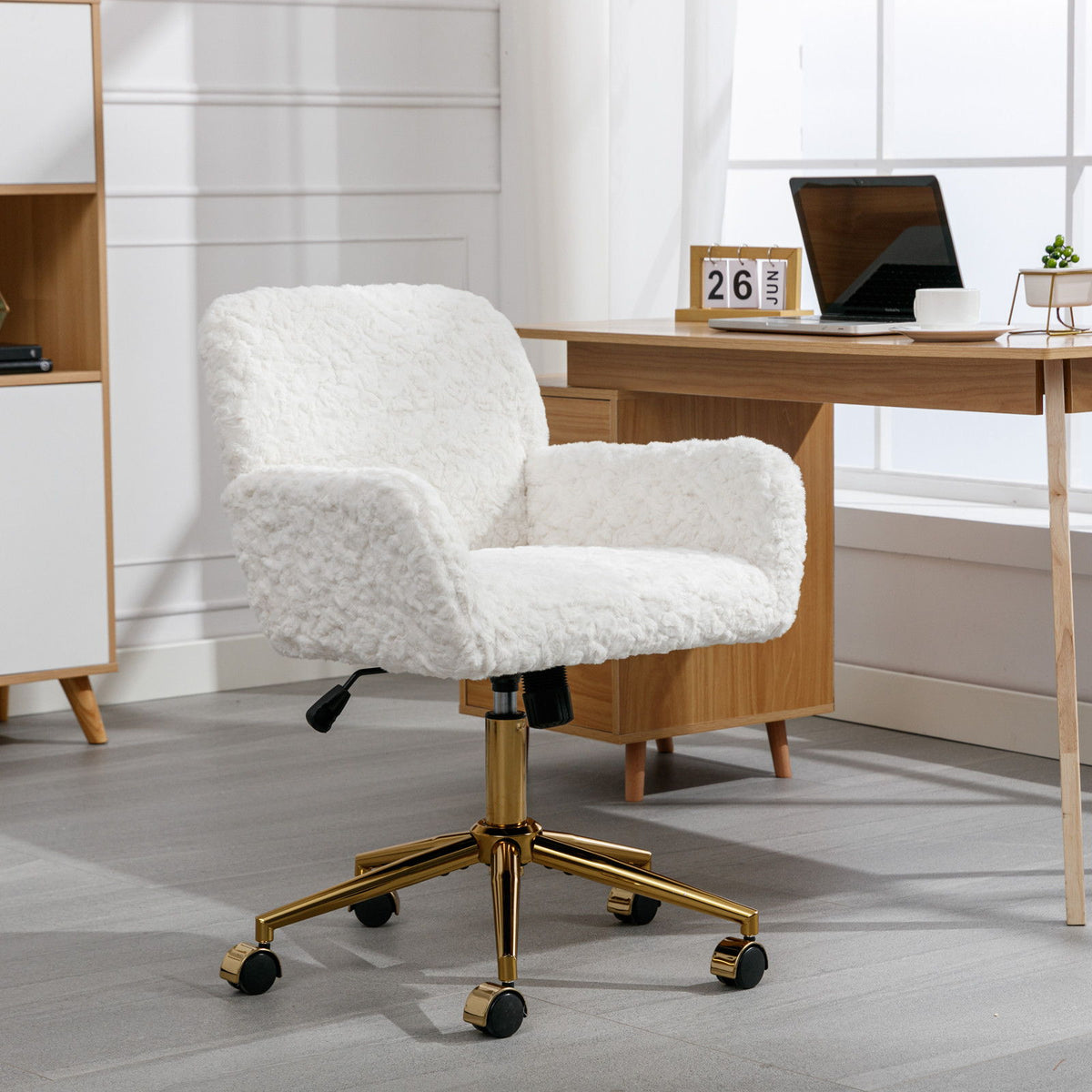 Artificial Rabbit Hair Office Chair with Metal Base - Swivel, Adjustable Height
