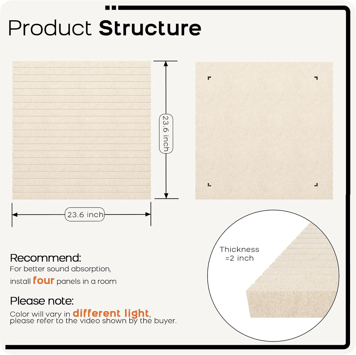 Acoustic Wall Panels, 2-Pack 23.6 X 23.6 X 2 Inch Decorative Soundproof Panels, Dual-Mount Noise Reduction Wall Decor for Studio, Office & Home Theater (Sona Block Beige, 23.6 * 23.6 Inches)
