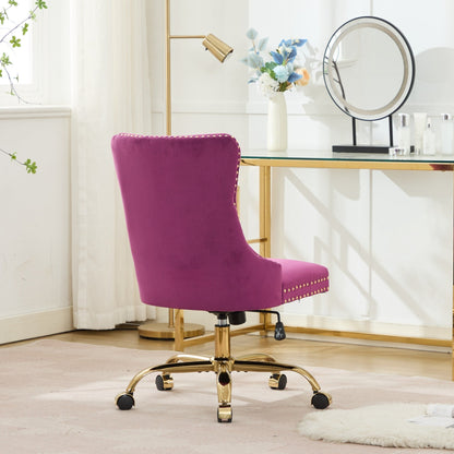 Purple Modern Velvet Upholstered Office Chair with Tufted Buttons - Golden Accents