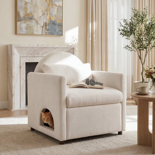 Beige Pet Friendly Accent Chair with Hidden Pet Nook - Acacia Wood