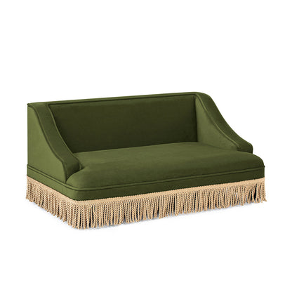 Olive Green Velvet Princess Pet Bed Sofa with Fringe Skirt - Medium
