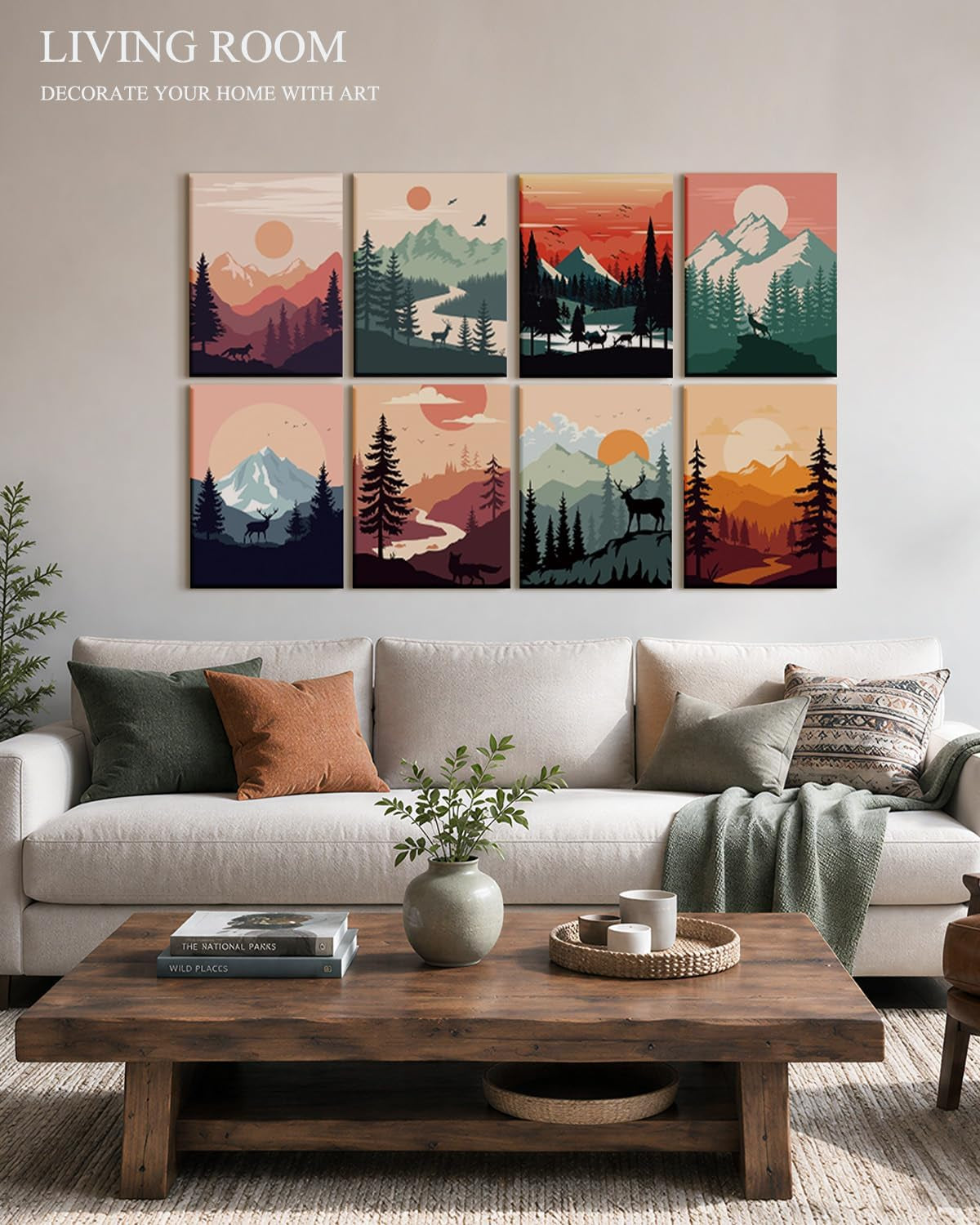 Acoustic Art Wall Panels for Bedroom, Recording Studio, TV, Podcast, 48X32In, Mountain Forest Illustration Wall Decor, Soundproof Sound Absorbing, 8Pcs