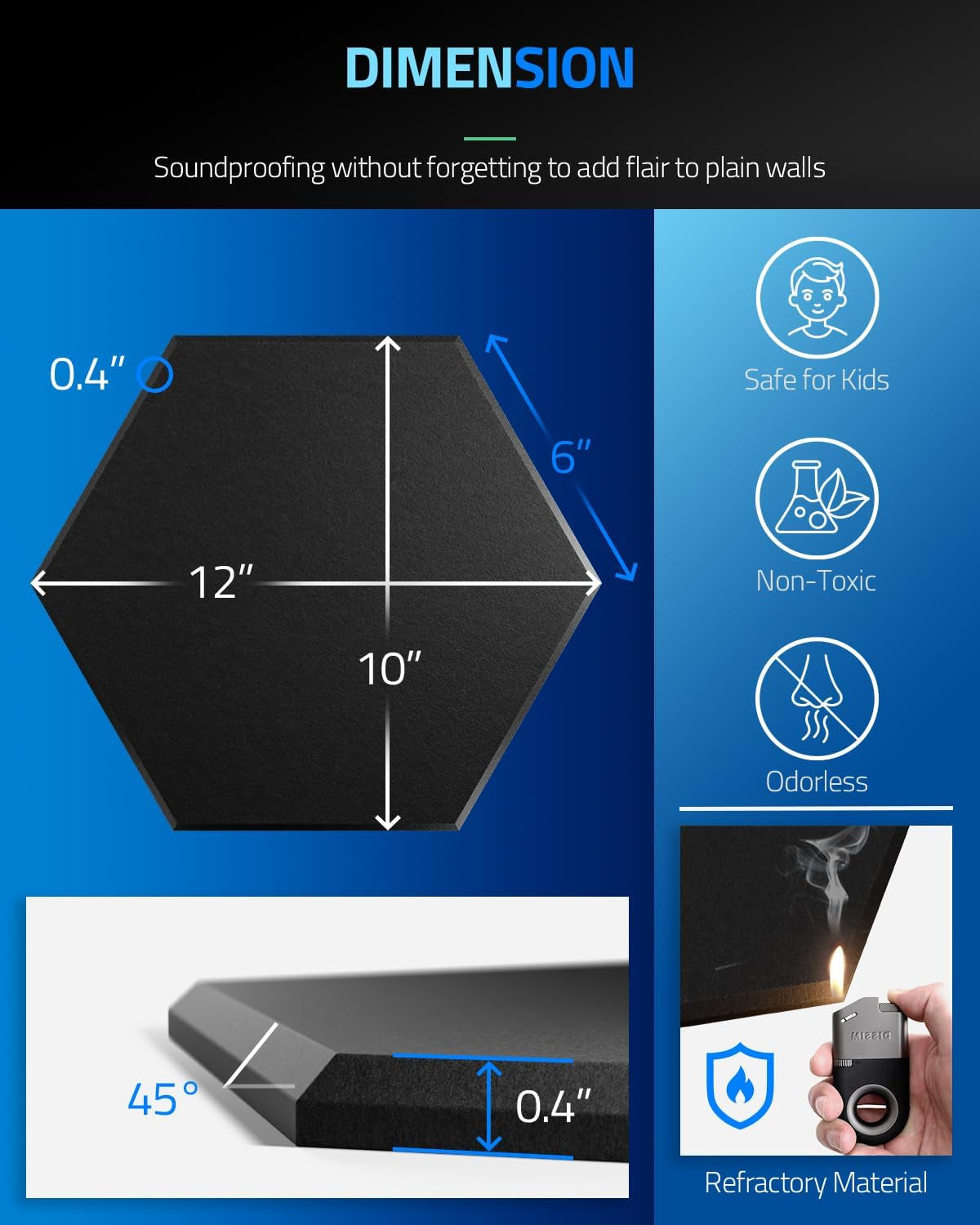 12 Pack Self-Adhesive Sound Proof Foam Panels for Walls 12" X 10" X 0.4" - Hexagon Acoustic Panels with Fiber Optic Starlight, Stylish Soundproof Wall Panels Absorb Noise and Wall Decor Black