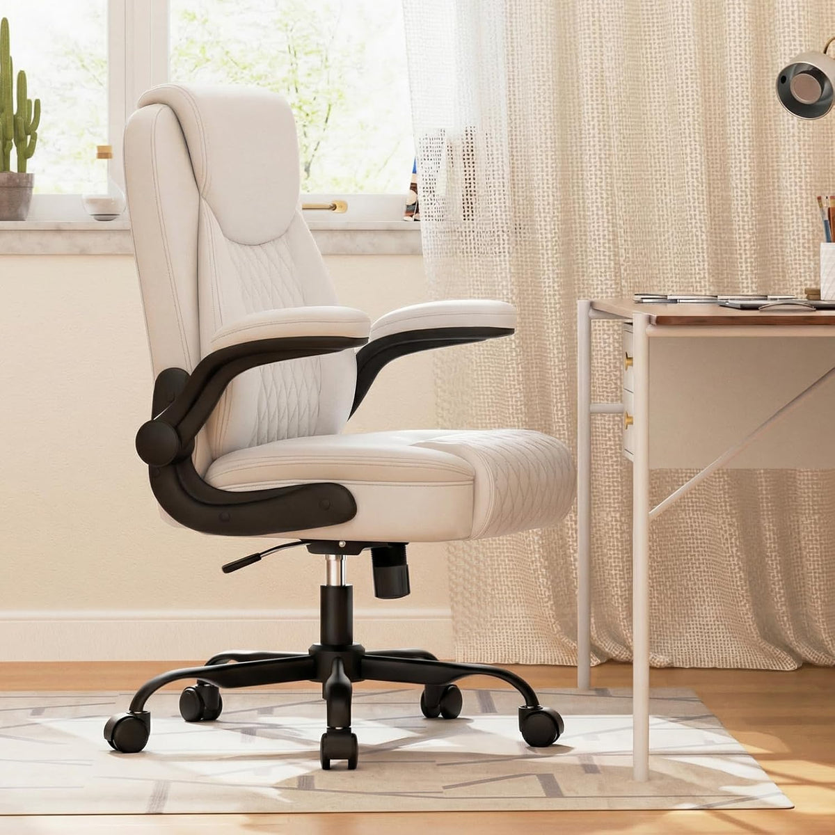 Comfy Office Chair, Home Desk Chair with Flip-Up Armrests and Ergonomic Back - Heavy Duty PU Leather Executive Chair for Office Gaming, White