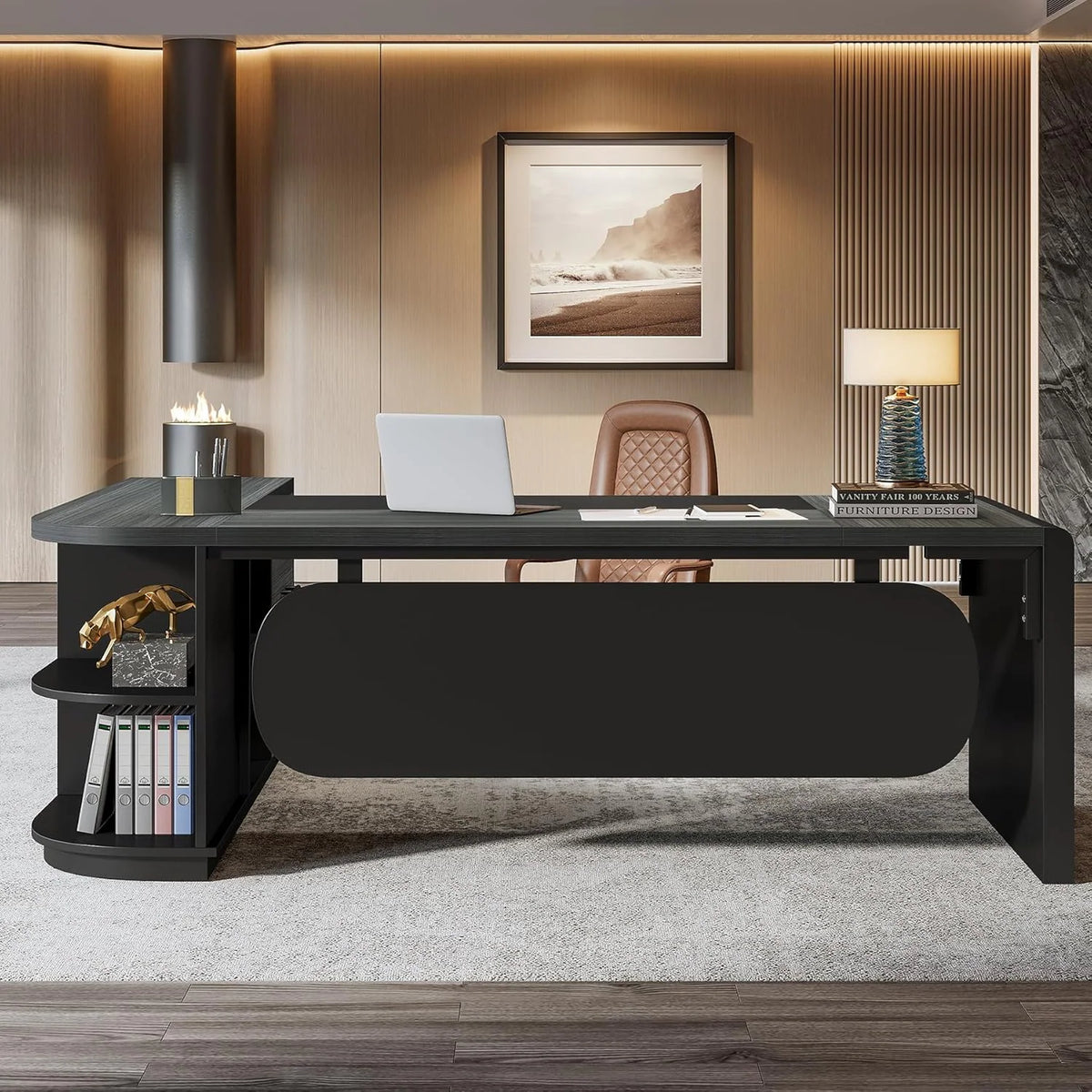 80 Inches Executive Desk, L-Shaped Office Desk with 55 Inches Cabine