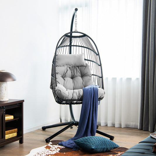 Hanging Egg Chair with Stand, Folding Basket & Waterproof Cover – Gray