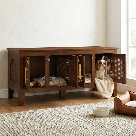 Rattan Dog Crate Cabinet with Rubber Wood Frame - Natural Finish