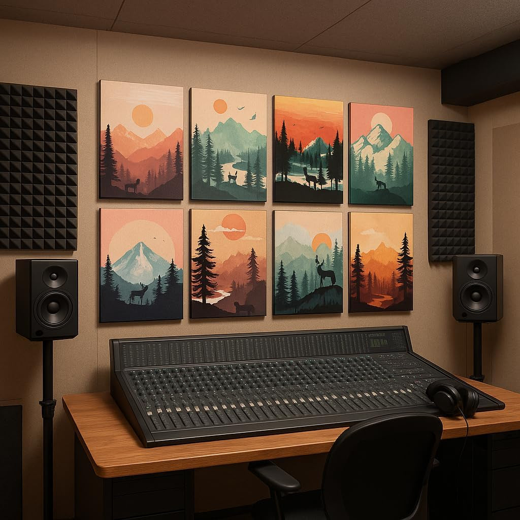 Acoustic Art Wall Panels for Bedroom, Recording Studio, TV, Podcast, 48X32In, Mountain Forest Illustration Wall Decor, Soundproof Sound Absorbing, 8Pcs