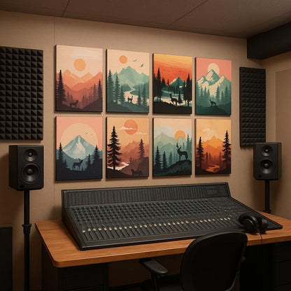 Acoustic Art Wall Panels for Bedroom, Recording Studio, TV, Podcast, 48X32In, Mountain Forest Illustration Wall Decor, Soundproof Sound Absorbing, 8Pcs