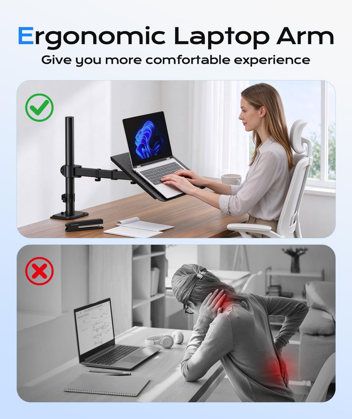 Single Laptop Notebook Desk Mount with Tray for 13-27 Inch Computer Screen, Fully Adjustable Laptop Desk Arm for Notebook up to 17’’, Weight up to 15.6 Lbs
