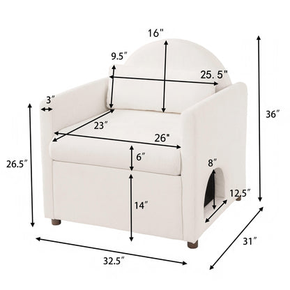 Beige Pet Friendly Accent Chair with Hidden Pet Nook - Acacia Wood