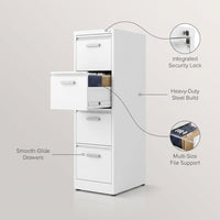 4 Drawer File Cabinet with Lock, Metal Vertical Filing Cabinets for Home Office, Heavy Duty File Storage Cabinet for Letter/Legal/A4/F4 Size File, Assembly Required, White — infographic