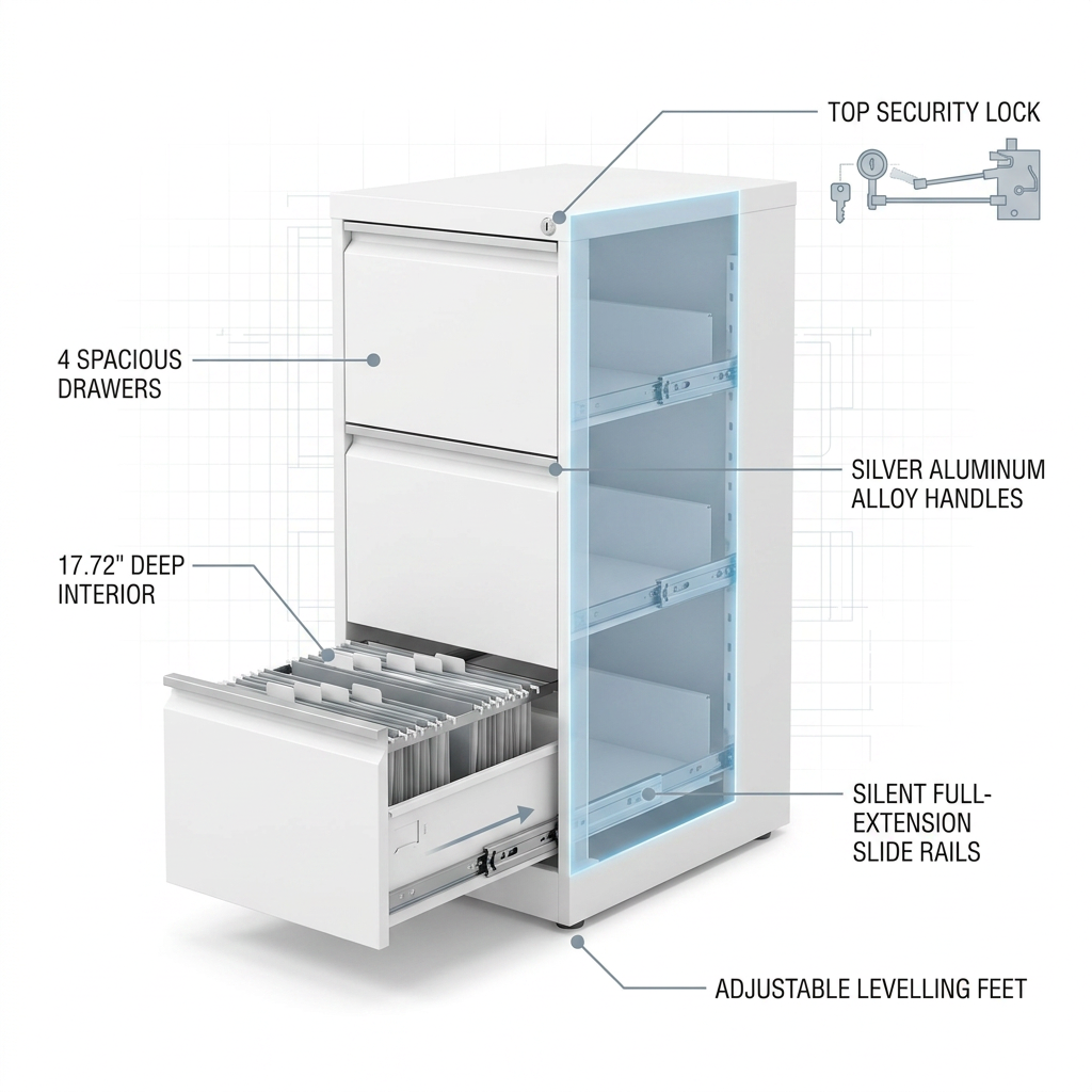 4 Drawer File Cabinet with Lock, Metal Vertical Filing Cabinets for Home Office, Heavy Duty File Storage Cabinet for Letter/Legal/A4/F4 Size File, Assembly Required, White — How It Works