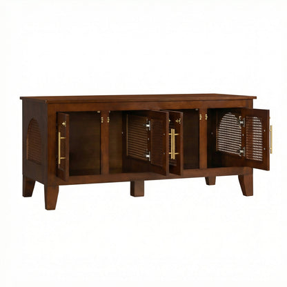 Rattan Dog Crate Cabinet with Rubber Wood Frame - Natural Finish