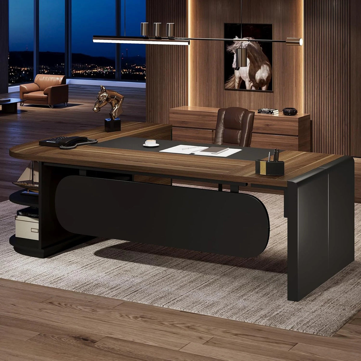80 Inches Executive Desk, L-Shaped Office Desk with 55 Inches Cabine