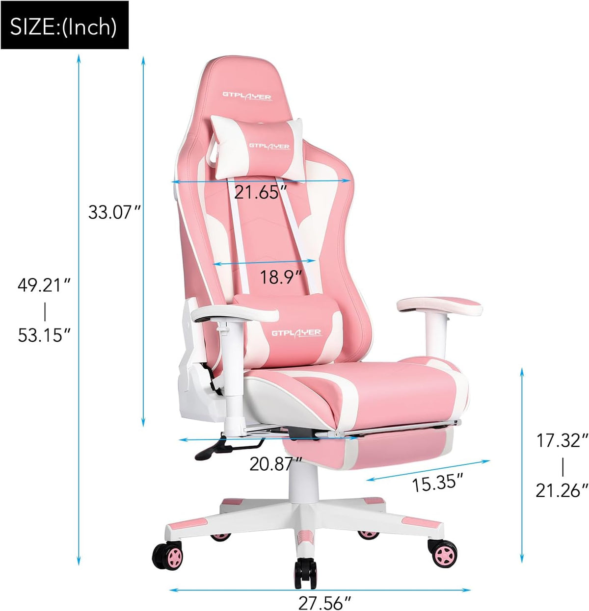 Gaming Chair with Footrest, Ergonomic Computer Game Desk Chair, Reclining Gamer Chair Seat Height Adjustment, Swivel Rocker with Headrest and Lumbar (Pink)