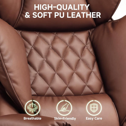 Big and Tall Office Chair, High Back Leather Gaming Chair with Footrest, Executive Ergonomic Office Chairs with Pocket Spring Lumbar Support and with Outward Fixed Soft Armrests
