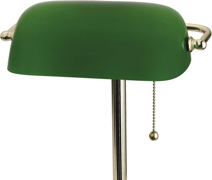 13.5'' Traditional Banker'S Lamp Light Fixture with Green Glass Cylinder Shade for Office, Library, Living Room, or Dorm, Polished Brass