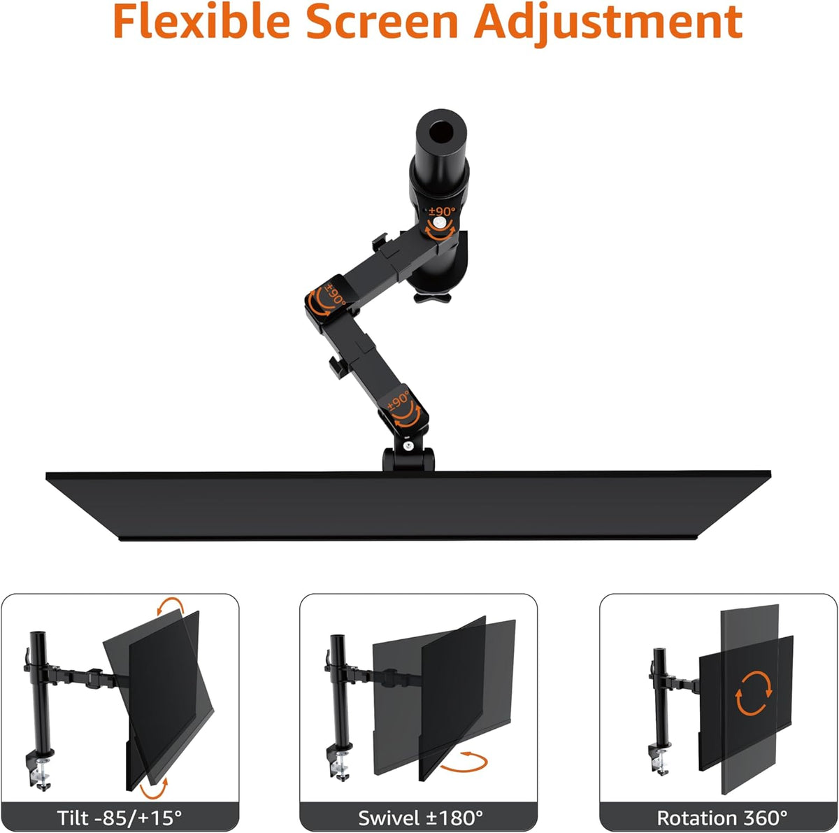 Single Computer Monitor Stand with Cable Management, Height Adjustable VESA Desk Arm Mount, Fully Adjustable Tilt and Rotation, Steel, Black, Fits 13-30" Screens
