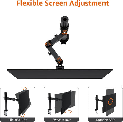 Single Computer Monitor Stand with Cable Management, Height Adjustable VESA Desk Arm Mount, Fully Adjustable Tilt and Rotation, Steel, Black, Fits 13-30" Screens