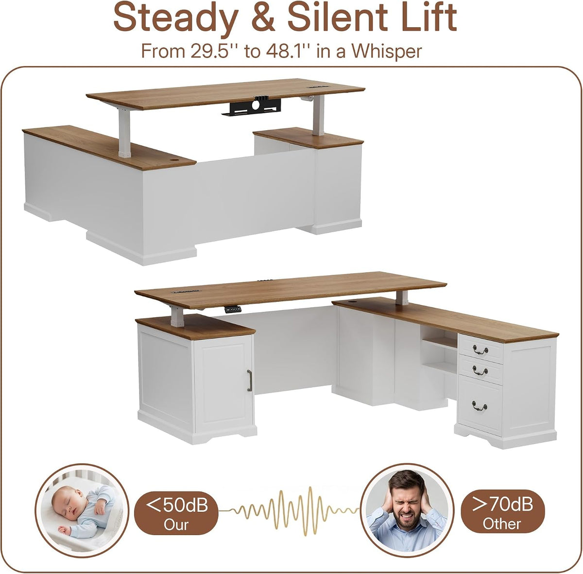 71" L Shaped Executive Desk with File Cabinet Drawers Outlet USB, Height Adjustable Modern Desk Privacy Panel Sit-Stand Workstation for Boss Managers Office Home, Walnut & Antique White