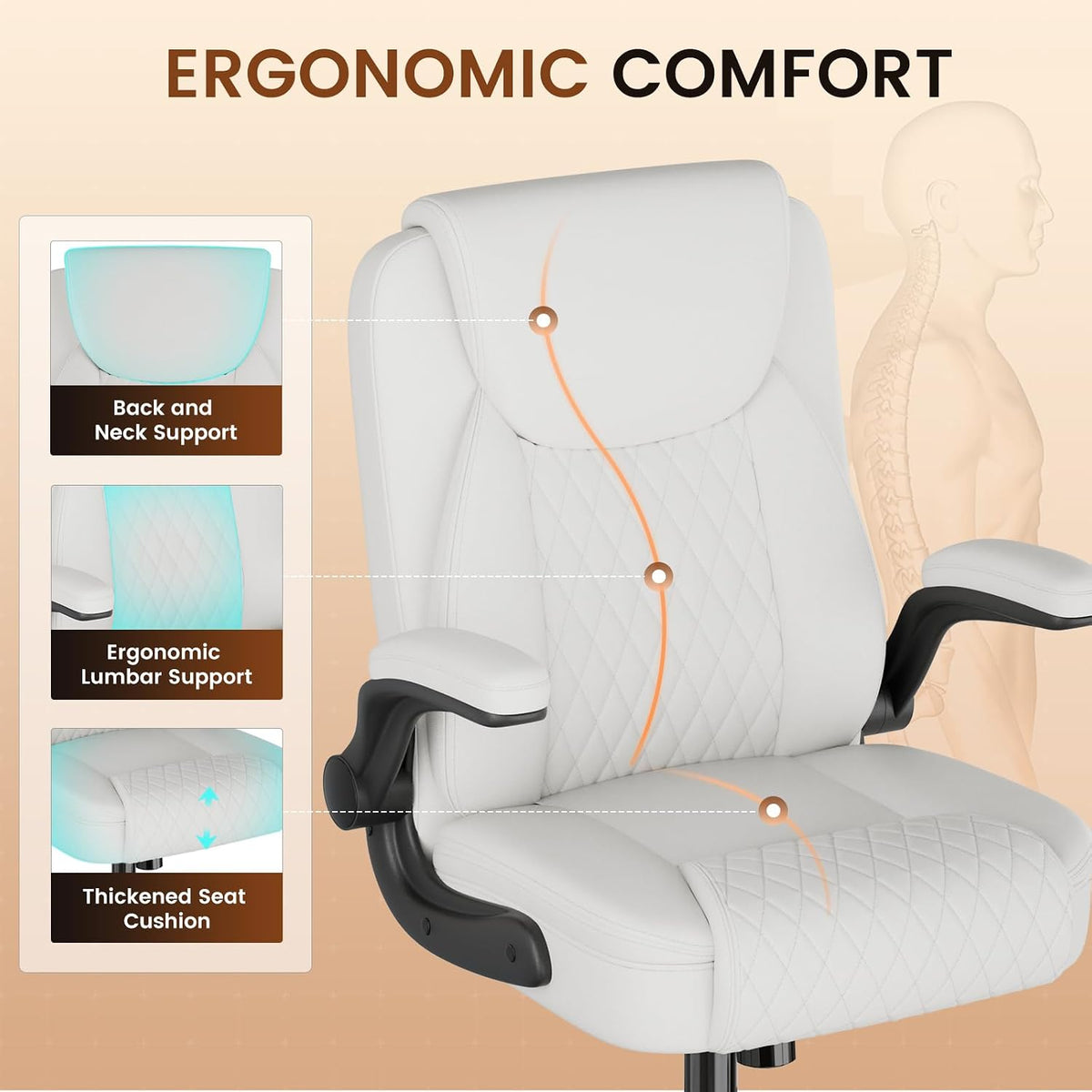 Comfy Office Chair, Home Desk Chair with Flip-Up Armrests and Ergonomic Back - Heavy Duty PU Leather Executive Chair for Office Gaming, White