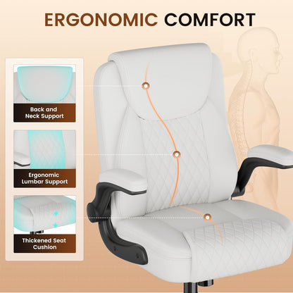 Comfy Office Chair, Home Desk Chair with Flip-Up Armrests and Ergonomic Back - Heavy Duty PU Leather Executive Chair for Office Gaming, White