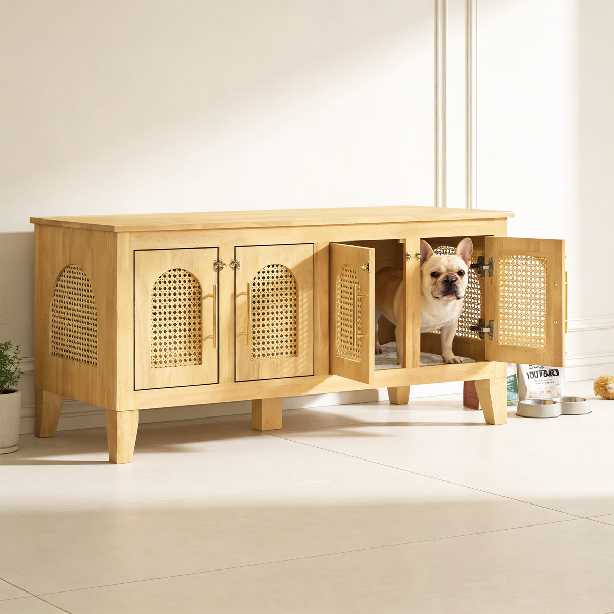 Lars Indoor Rattan Rubber Wood Dog Crate Cabinet with Storage - Natural