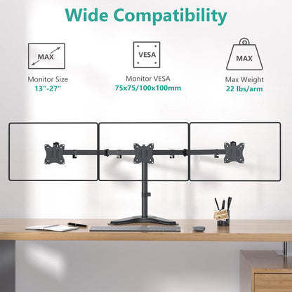 Freestanding Triple Monitor Stand for 13-27 Inch Screens，22Lbs per Arm