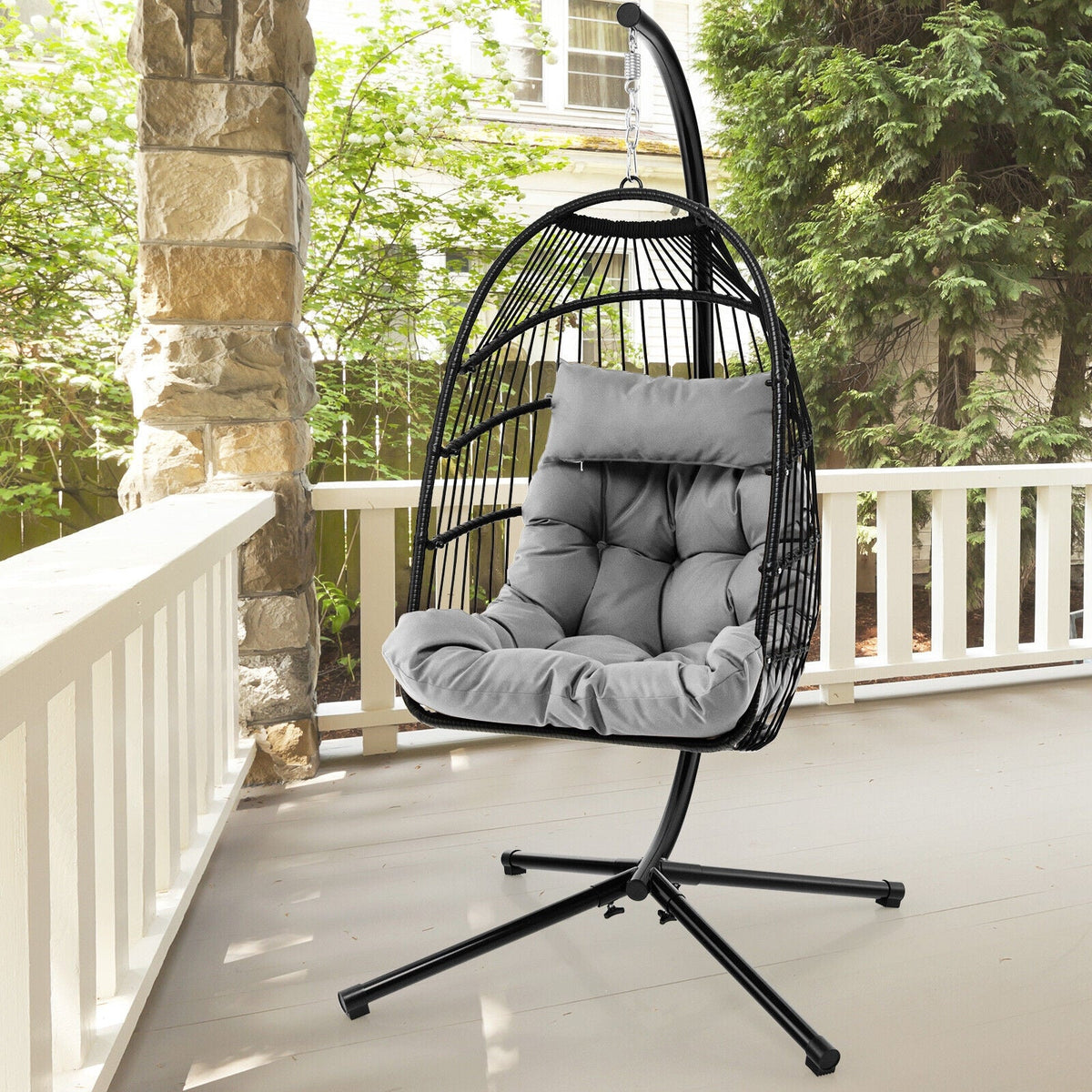 Hanging Egg Chair with Stand, Folding Basket & Waterproof Cover – Gray